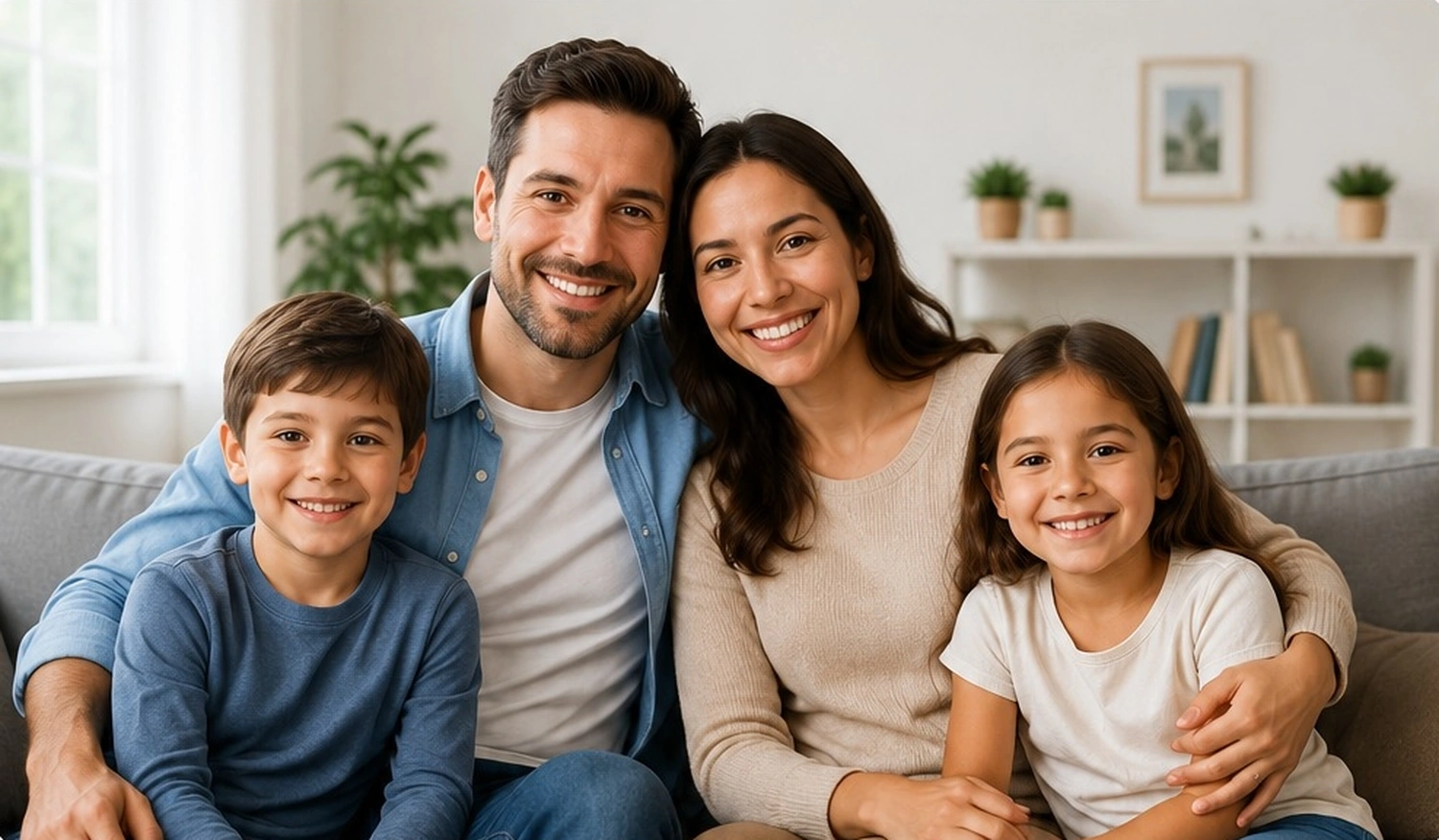 Familia sonriendo en el hogar
